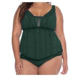 BECCA ETC Forest Green Crochet Tankini‎ Top Plus Size 2X